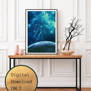May include: A digital download of a blue and green space scene with a planet and a spaceship flying through a starry sky.