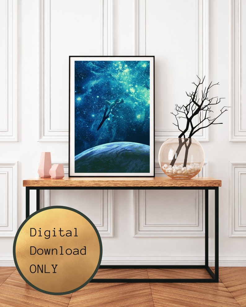 May include: A digital download of a blue and green space scene with a planet and a spaceship flying through a starry sky.