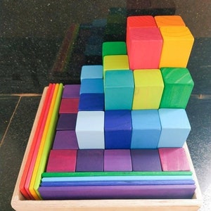 Quarter stepped pyramid blocks, building blocks, rainbow colored blocks, 25 blocks set, 8 building boards