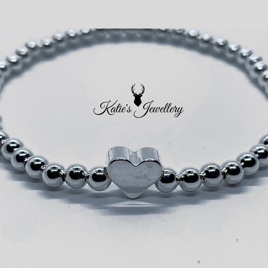 Simple Silver Beaded Bracelet with Heart Charm Etsy