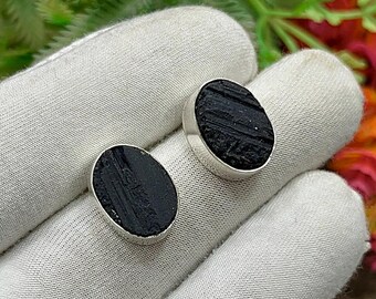 Black Tourmaline Silver Stud Earring, Handcrafted Dainty Jewelry, Boho Oval Tourmaline Earrings, Minimalist Earring, Gift for Her, M-705