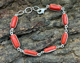Pulsera de plata con coral rojo, hecha a mano, pulsera básica de coral con múltiples piedras, pulsera con piedras preciosas, regalo para ella, M-201