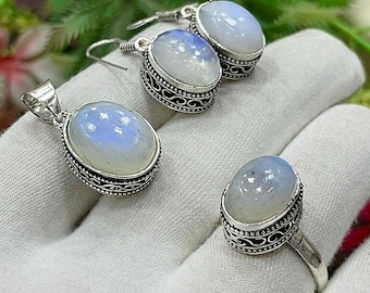Regenbogen Mondstein Schmuckset, Boho Schmuckset, feine Mondstein Schmuckset, Anhänger/Ohrring/Ring, Statement Schmuck, Geschenk für sie, M-59