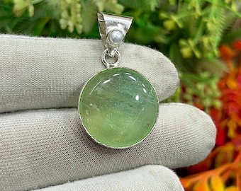 Prehnite with Pearl Silver Pendant, Handcrafted Pendant, Basic Prehnite Round Pendant for Necklace, Statement Jewelry, Gift For Her, M-1137