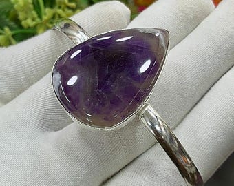 Amethyst Silver Cuff Bracelet, Handmade Purple Pear Statement Bangle, Adjustable Open Bangle, Anniversary Gift for Her, M-1797