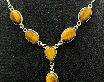 Yellow Tiger Eye Silver Necklace, Handmade Necklace, 6-Stone Necklace, Tiger Eye Necklace For Her, Gemstone Jewelry, Gift For Mom, M-597