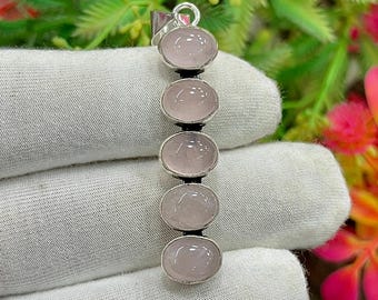 Rose Quartz Silver Pendant, Handcrafted Pendant, 5-Stone Pendant, Rose Quartz Pendant for Necklace, Gemstone Jewelry, Gift For Her, M-525