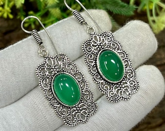 Groene onyx zilveren oorbel, handgemaakte oorbel, groene onyx bungeloorbel, uniek designoorbel, edelsteenoorbel, cadeau voor haar, M-464