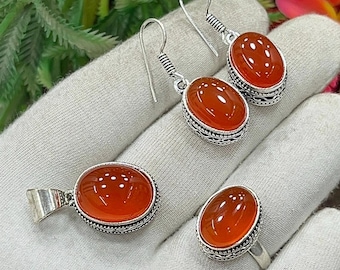 Carnelian Silver Jewelry Set, Handmade Jewelry, Fine Carnelian Jewelry Set, Pedant/Earring/Ring, Gemstone Jewelry, Gift for Her, M-474