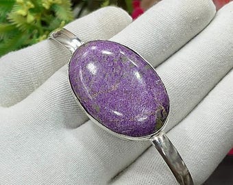 Purple Stichtite Silver Cuff Bracelet, Handmade Purple Oval Statement Bangle, Adjustable Open Bangle, Anniversary Gift for Her, M-1792