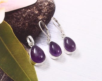Classic Purple AMETHYST Silver Jewelry Set, Handmade Pendant Earrings Set, Amethyst Jewelry Set, Gemstone Jewelry Set, Gift for Her, M-54