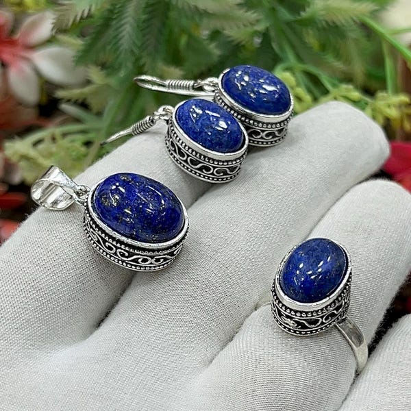 Parure de bijoux en argent lapis-lazuli, parure bohème, parure de bijoux fine en lapis-lazuli, pendentif/boucle d'oreille/bague, bijoux tendance, cadeau pour elle, M-390