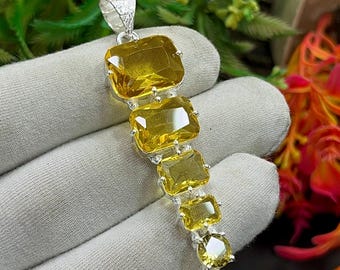 Yellow Citrine Silver Pendant, Boho Pendant, 5-Stone Yellow Citrine Radiant Pendant for Necklace, Statement Jewelry, Gift for Mom, M-1399