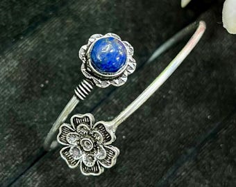 Lapis Lazuli Silver Cuff Bracelet, Handmade Cuff Bangle, Lapis Lazuli with Silver Flower Bangle, Adjustable Open Bangle, Gift For Her, M-225
