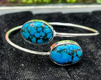 Magnesite Turquoise Silver Cuff Bracelet, Handmade Cuff Bangle, Two Stone Oval Turquoise Bangle, Adjustable Open Bangle, Gift For Her, M-361