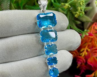 Swiss Blue Topaz Silver Pendant, Boho Pendant, 5-Stone Swiss Blue Topaz Radiant Pendant for Necklace, Statement Jewelry, Gift for Mom,M-1395