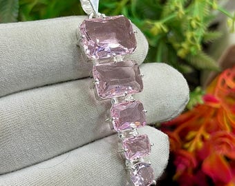 Pink Kunzite Silver Pendant, Handcrafted Boho Pendant, 5-Stone Pink Kunzite Radiant Pendant for Necklace, Statement Jewelry, for Mom, M-1392