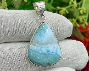 Rare Larimar Silver Pendant, Handmade Dainty Pendant, Larimar Basic Pendant, Bohemian Jewelry, Plain Design Pendant, Gift For Her, M-1010