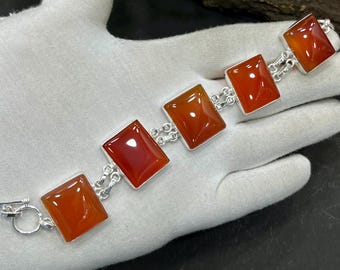 Pulseira de Prata com Cornalina, Pulseira Artesanal, Pulseira com Pingente de Cornalina e Múltiplas Pedras, Pulseira de Pedras Preciosas, Presente para Ela, M-516