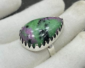 Robijnrode zoisietzilveren ring, boho-ring, handgemaakte robijnzoisietring, statementring, ring in alle maten, edelsteenring, cadeau voor haar, M-637