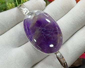 Amethyst Silver Cuff Bracelet, Handmade Purple Oval Statement Bangle, Adjustable Open Bangle, Anniversary Gift for Her, M-1796