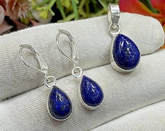 Lapis Lazuli Silver Jewelry Set, Healing Crystal Set, Statement Lapis Pendant Earrings Set, Minimalist Jewelry, Anniversary Gift, M-1437