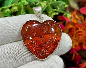 Baltic Amber Heart Silver Pendant, Handmade Dainty Pendant, Amber Basic Pendant, Bohemian Jewelry, Plain Design Pendant, Gift For Her, M-917