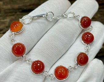 Pulseira redonda de prata com cornalina, pulseira artesanal, pulseira básica com várias pedras de cornalina, pulseira de pedras preciosas, presente para ela, M-402
