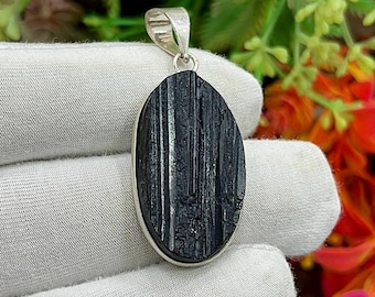 Black Tourmaline Silver Pendant, Handmade Pendant Jewelry, Tourmaline Basic Pendant, Stone Jewelry, Plain Design Pendant, Gift For Her M-645