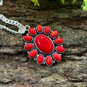 Red Coral Silver Pendant, Handcrafted Pendant Jewelry, Flower Red Coral Multi Stone Pendant, Gemstone Jewelry, Gift For Her, M-134