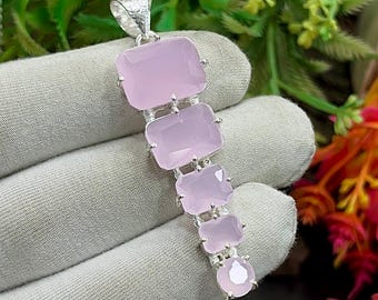 Pink Rose Quartz Silver Pendant, Boho Pendant, 5-Stone Pink Rose Quartz Radiant Pendant for Necklace, Statement Jewelry, Gift for Mom,M-1397