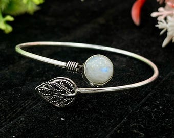 Rainbow Moonstone Silver Cuff Bracelet, Handmade Cuff Bangle, Moonstone with Silver Leaf Bangle, Adjustable Open Bangle, Gift For Her, M-224