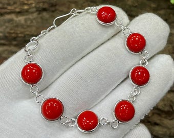 Red Coral Round Silver Bracelet, Handcrafted Bracelet, Basic Red Coral Multi Stone Chram Bracelet, Gemstone Bracelet, Gift For Her, M-399