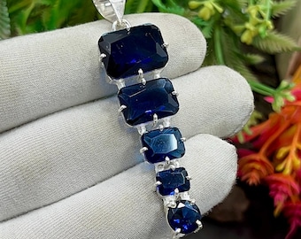 Blue Sapphire Silver Pendant, Handcrafted Boho Pendant, 5-Stone Sapphire Radiant Pendant for Necklace, Statement Jewelry, For Mom, M-1402