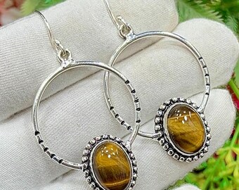 Tiger Eye Oval Silver Earring, Handmade Silver Earring, Unique Tiger Eye Dangle Earring, Hoop Earring, Gemstone Earring, Gift For Her, M-365