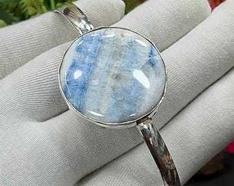 Rare Blue Sheelite Silver Cuff Bracelet, Handmade Blue Round Statement Bangle, Adjustable Open Bangle, Anniversary Gift for Her, M-1795