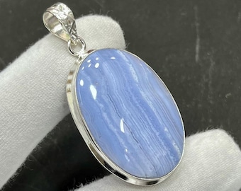 Blue Lace Agate Silver Pendant, Handcrafted Pendant Jewelry, Unique Agate Pendant for Necklace, Gemstone Jewelry, Gift For Her, M-482