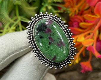 Robijnrode zoisietzilveren ring, boho-ring, handgemaakte robijnzoisietring, statementring, edelsteenring, cadeau voor haar, M-611