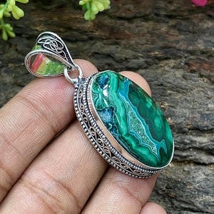 Chrysocolla Malachite Silver Pendant, Handmade Pendant Jewelry, Fine Work Malachite Chrysocolla Pendant, Vintage Pendant, Gift For Her M-215