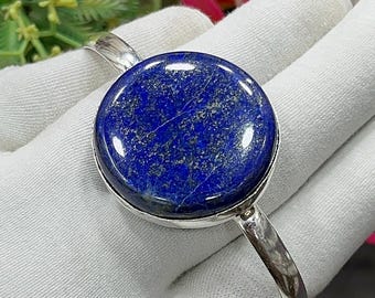 Lapis Lazuli Silver Cuff Bracelet, Handmade Blue Round Statement Bangle, Adjustable Open Bangle, Anniversary Gift for Her, M-1793