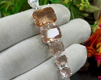 Morganite Silver Pendant, Handcrafted Boho Pendant, 5-Stone Morganite Radiant Pendant for Necklace, Statement Jewelry, Gift for Mom, M-1401