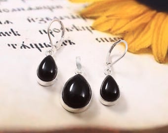 Excepcional conjunto de joyas de plata con ónix negro, pendientes colgantes hechos a mano, conjunto de joyas de ónix negro, conjunto de joyas con piedras preciosas, regalo para ella, M-53