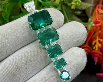 Green Fluorite Silver Pendant, Boho Pendant, 5-Stone Green Fluorite Radiant Pendant for Necklace, Statement Jewelry, Gift for Mom, M-1398