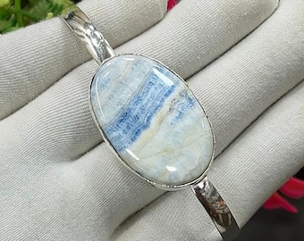 Rare Blue Sheelite Silver Cuff Bracelet, Handmade Blue Oval Statement Bangle, Adjustable Open Bangle, Anniversary Gift for Her, M-179