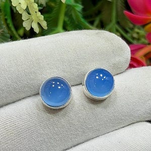 Può includere: Un paio di orecchini a bottone rotondi in pietra preziosa blu chiaro con montatura color argento. Gli orecchini sono esposti su una superficie di tessuto bianco, con vegetazione e fiori sfocati sullo sfondo.