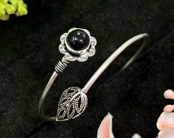 Black Onyx Silver Cuff Bracelet, Handmade Cuff Bangle, Black Onyx with Silver Leaf Bangle, Adjustable Open Bangle, Gift For Her, M-228