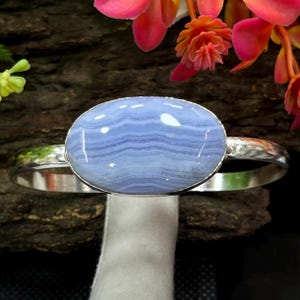 Blue Lace Agate Silver Cuff Bracelet, Handmade Cuff Bangle,Basic Oval Blue Lace Agate Statement Bangle,Adjustable Open Bangle,For Her,M-1201