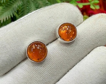 Baltic Amber Silver Stud Earring, Handcrafted Dainty Jewelry, Boho Round Baltic Amber Earrings, Minimalist Earring, Gift for Her, M-706