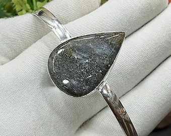 Black Sunstone Silver Cuff Bracelet, Handmade Black Pear Statement Bangle, Adjustable Open Bangle, Anniversary Gift for Her, M-1800