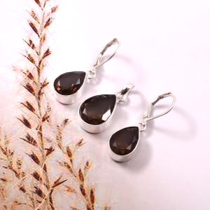 Superbe ensemble de bijoux en argent avec quartz fumé, ensemble de boucles d&#39;oreilles pendantes faites main, ensemble de bijoux en quartz fumé, ensemble de bijoux en pierres précieuses, cadeau pour elle, M-57